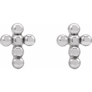 14K White Gold Beaded Cross Stud Earrings