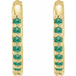 14K Yellow Gold Lab-Grown Emerald Hinged 12.5 mm Hoop Earrings