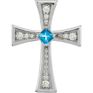 14K White Gold Natural Swiss Blue Topaz & 1/5 CTW Natural Diamond Cross Pendant