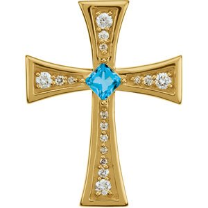 14K Yellow Gold Natural Swiss Blue Topaz & 1/5 CTW Natural Diamond Cross Pendant