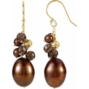 14K Yellow Cultured Dyed Chocolate Freshwater Pearl & Natural Smoky Quartz Earrings