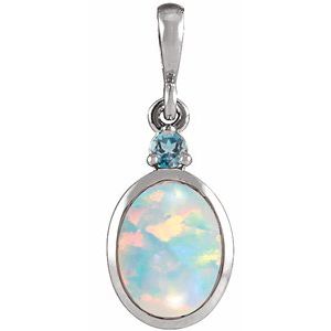 14K White Gold 8x6 mm Lab-Grown White Opal & Natural London Blue Topaz Pendant