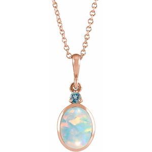 14K Rose Gold 6x4 mm Lab-Grown White Opal & Natural London Blue Topaz 16-18" Necklace