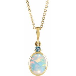 14K Yellow Gold 5x3 mm Lab-Grown White Opal & Natural London Blue Topaz 16-18" Necklace