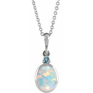 Platinum 5x3 mm Lab-Grown White Opal & Natural London Blue Topaz 16-18" Necklace