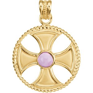 14K Yellow Gold Natural Amethyst Rope Maltese Cross Pendant