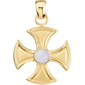 14K Yellow Gold Natural Blue Chalcedony Maltese Cross Pendant