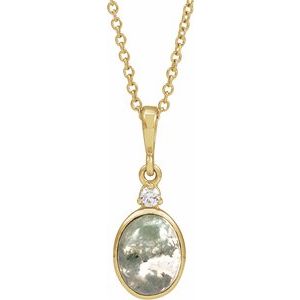 14K Yellow Gold 8x6 mm Natural Moss Agate & .03 CTW Natural Diamond 16-18" Necklace