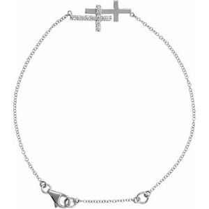 Sterling Silver Imitation Cubic Zirconia Double Sideways Cross 7-8" Bracelet
