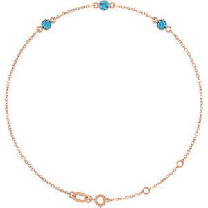 14K Rose Gold Natural Blue Zircon Bezel-Set Three-Stone 6 1/2-7 1/2" Bracelet