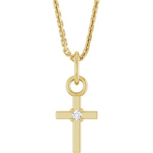 14K Yellow Gold .005 CT Natural Diamond Cross 16" Necklace