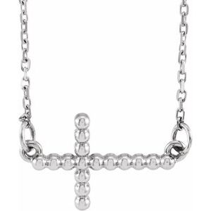 14K White Gold 15.6x9.4 mm Sideways Beaded Cross 16.5" Necklace