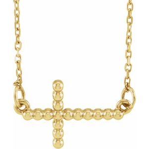 14K Yellow Gold 15.6x9.4 mm Sideways Beaded Cross 16.5" Necklace