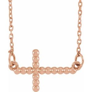 14K Rose Gold 15.6x9.4 mm Sideways Beaded Cross 16.5" Necklace