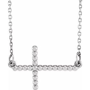 14K White Gold 19.5x12.1 mm Sideways Beaded Cross 16.5" Necklace