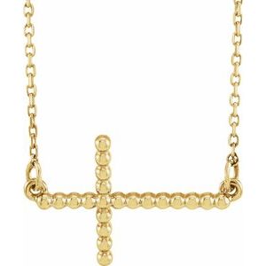 14K Yellow Gold 19.5x12.1 mm Sideways Beaded Cross 16.5" Necklace