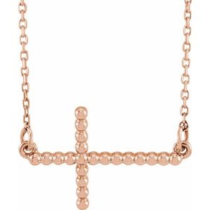14K Rose Gold 19.5x12.1 mm Sideways Beaded Cross 16.5" Necklace
