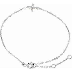 14K White Gold .04 CTW Natural Diamond Sideways Cross Youth 7" Bracelet