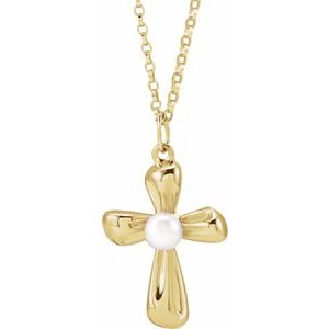 14K Yellow Gold Cultured White Freshwater Pearl Cross 18" Necklace