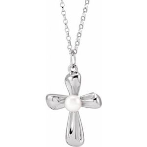 14K White Gold Cultured White Freshwater Pearl Cross 18" Necklace