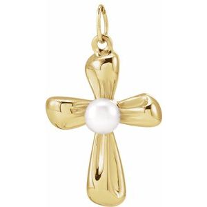 14K Yellow Gold Cultured White Freshwater Pearl Cross Pendant