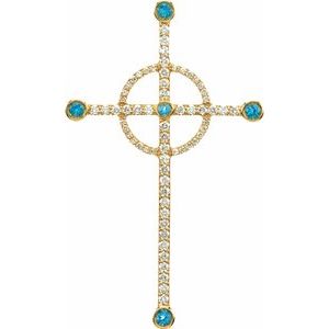 14K Yellow Gold Natural Swiss Blue Topaz & 1/2 CTW Natural Diamond Cross Pendant