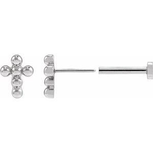 14K White Gold Beaded Cross Stud Earrings