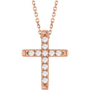 14K Rose Gold 1/4 CTW Natural Diamond French-Set Cross 16-18" Necklace