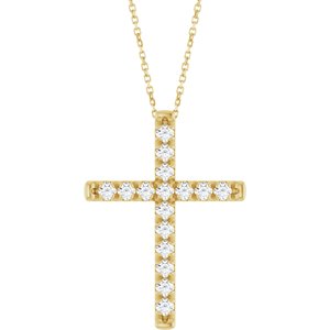 14K Yellow Gold 1 CTW Lab-Grown Diamond French-Set Cross 16-18" Necklace