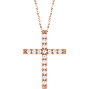 14K Rose Gold 3/4 CTW Lab-Grown Diamond French-Set Cross 16-18" Necklace