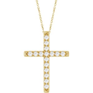 14K Yellow Gold 3/4 CTW Lab-Grown Diamond French-Set Cross 16-18" Necklace