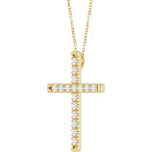 14K Yellow Gold 3/4 CTW Lab-Grown Diamond French-Set Cross 16-18" Necklace