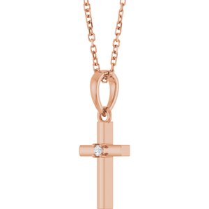 14K Rose Gold .015 CT Natural Diamond Cross 16-18" Necklace