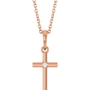 14K Rose Gold .015 CT Natural Diamond Cross 16-18" Necklace