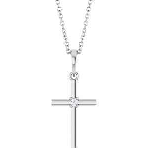 14K White Gold .03 CT Natural Diamond Cross 16-18" Necklace