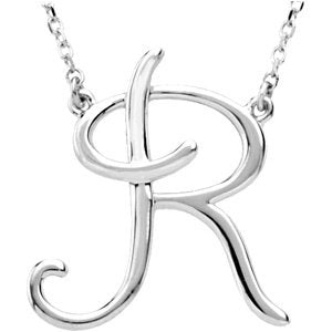 14K White Gold Script Initial R 16" Necklace