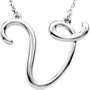 14K White Gold Script Initial V 16" Necklace