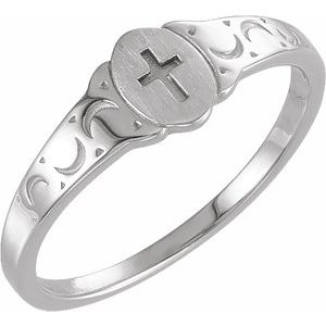 14K White Gold Oval Youth Cross Signet Ring