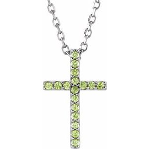 14K White Gold Natural Peridot Petite Cross 16" Necklace