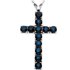 14K White Gold Natural Blue Sapphire Cross Pendant