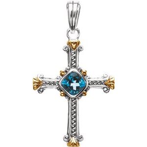 Sterling Silver & 14K Yellow Gold Natural Swiss Blue Topaz Cross Pendant