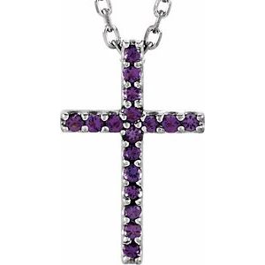 14K White Gold Natural Amethyst Petite Cross 16" Necklace