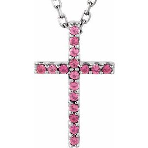 14K White Gold Natural Pink Tourmaline Petite Cross 16" Necklace