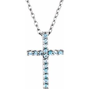 14K White Gold Natural Aquamarine Petite Cross 16" Necklace