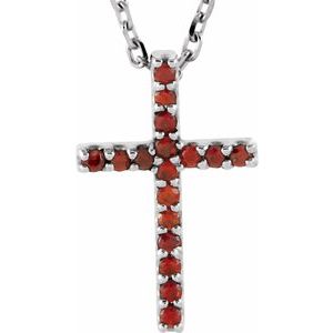 14K White Gold Natural Mozambique Garnet Petite Cross 16" Necklace