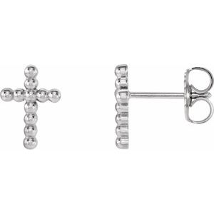 14K White Gold Beaded Cross Earrings