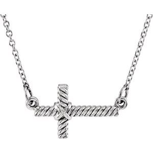 14K White Gold Sideways Rope Cross 16 1/2" Necklace