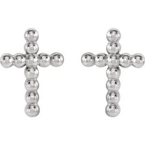 14K White Gold Beaded Cross Earrings
