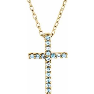 14K Yellow Gold Natural Aquamarine Petite Cross 16" Necklace