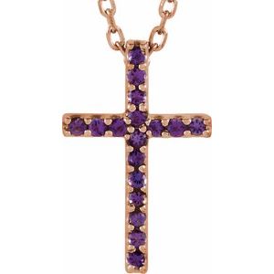 14K Rose Gold Natural Amethyst Petite Cross 16" Necklace